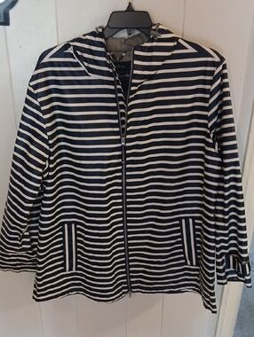 Charles River Apparel Navy and White Striped Hooded  Rain Jacket